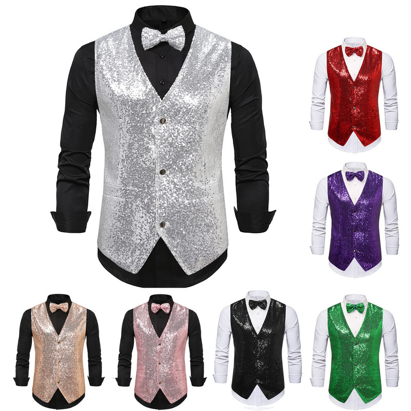 2025 Autumn/Winter New Fashion Bright Shiny Jacket Amazon Purchasing Men's Sequin Vest with Bow Tie Mj33