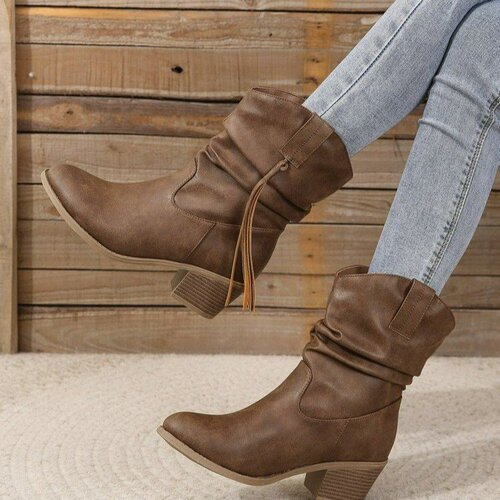Women's Cross-Border Western European and Chinese Mid-Calf Fashion Boots, Plus Size Retro Rough Heel Pleated Slip-On V-Mouth Western Cowboy Boots