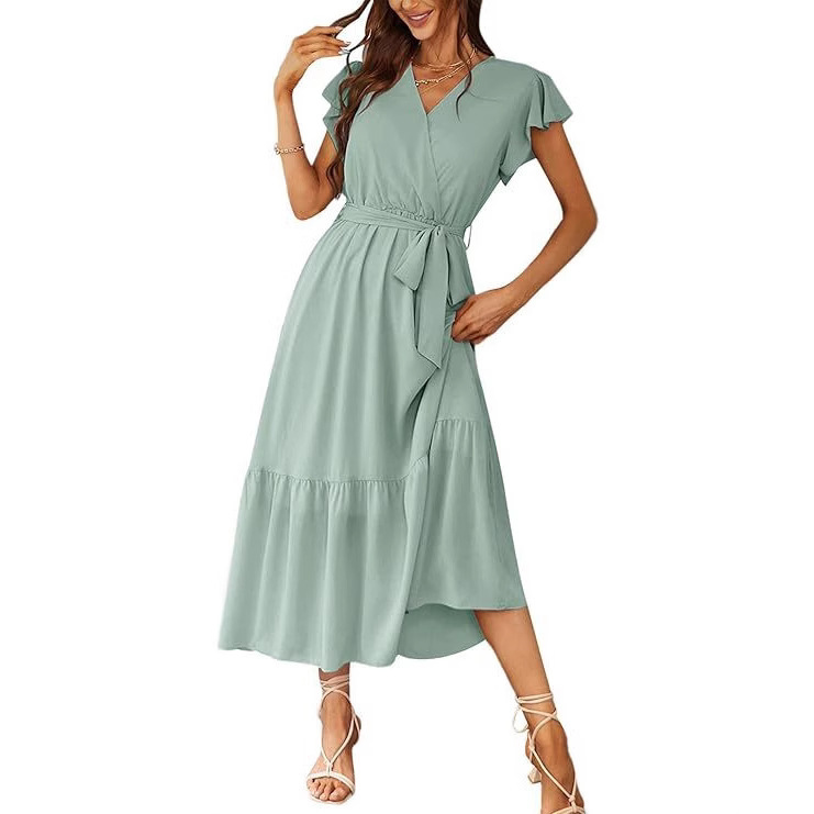 Women's Summer Bohemian dress Wrap V-neck Short-sleeved Pleated A- line Elegant Super Long Wedding Dress