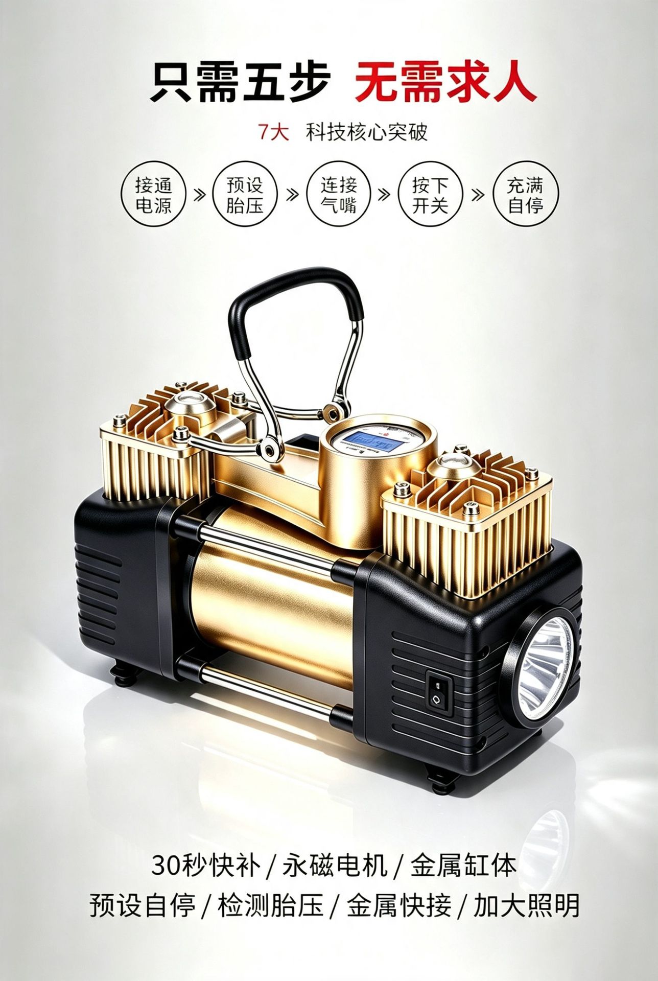 Car-mounted air compressor, metal dual-cylinder high-pressure high-power portable tire inflator for off-road vehicles