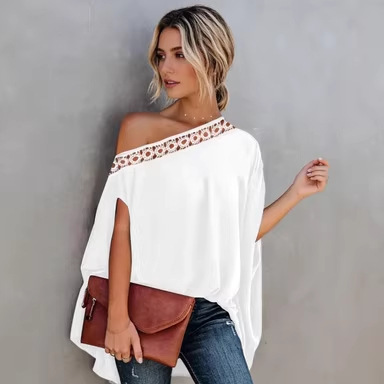 Cross-Border Women's Summer Solid Color Off-Shoulder Top Versatile Casual Loose Batwing Sleeve Hollow Lace Patchwork T-Shirt Cross-Border Women's Summer Solid Color Off-Shoulder Top Versatile Casual Loose Batwing Sleeve Hollow Lace Patchwork T-Shirt