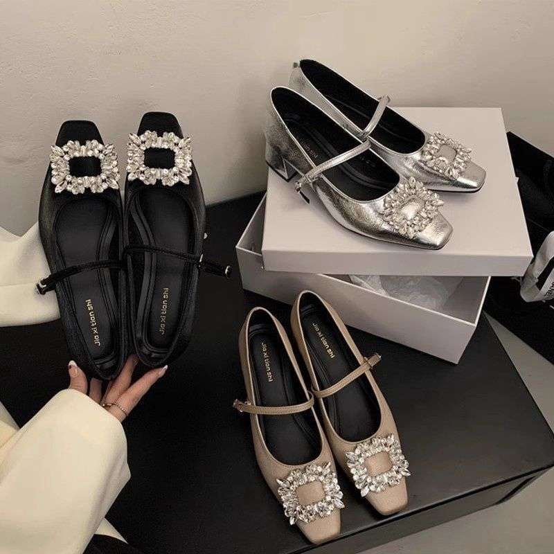 Elegant buckle with a strap low-cut square toe with rhinestones