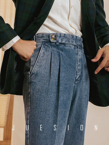 Neapolitan Retro High-Waisted Straight Leg Pants - Japanese Gentleman's Stylish Mix of Heavy-Duty Washed Denim Leisure Trousers