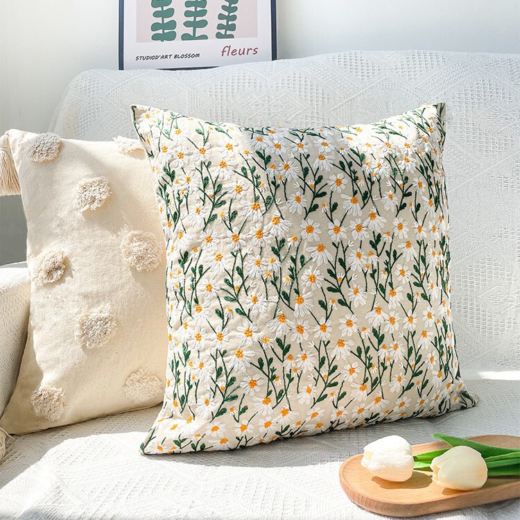 Embroidered Daisy Floral Pillow Cover Light Luxury Pastoral Style B&B Wear Bay Window Cushion Cushion Removable and Washable Square Pillow