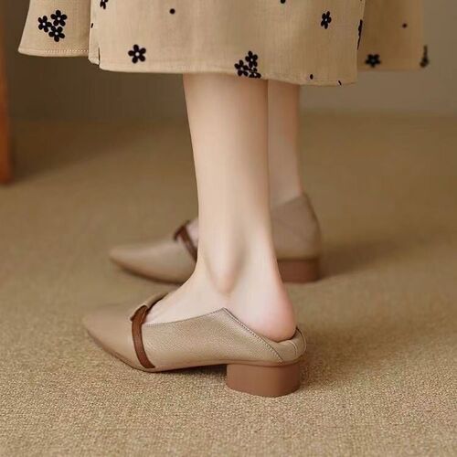 [Soft sheepskin] French retro genuine leather single-layer shoes New 2024 commuter pedals color-matched mid-cut pointed leather shoes