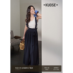 阔色藏蓝色荷叶边休闲背带裤女2025春夏季新款高腰花苞阔腿长裤子