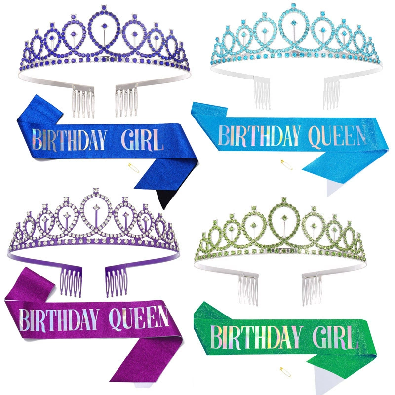 Диадема-ободок набор с кристаллами и лентой "Birthday Queen", комфортная подарочная принадлежность