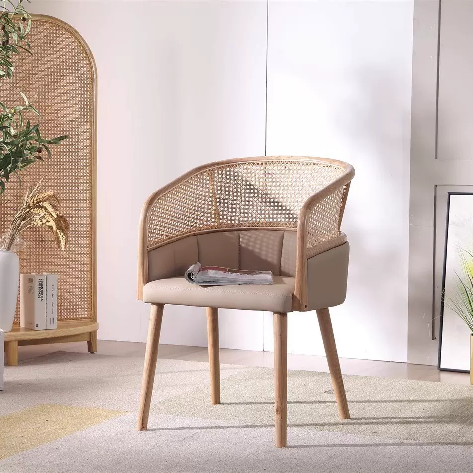 北欧白蜡木餐椅创意实木藤编扶手围椅家用酒店民宿餐厅咖啡厅椅子