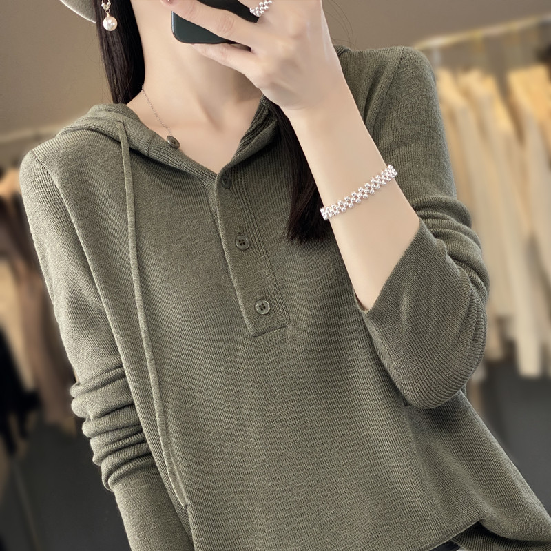 Wool Blended Hooded Sweater Women's Loose Korean-style Hooded Sweater Women's Long-sleeved Base Worsted Wool Sweater