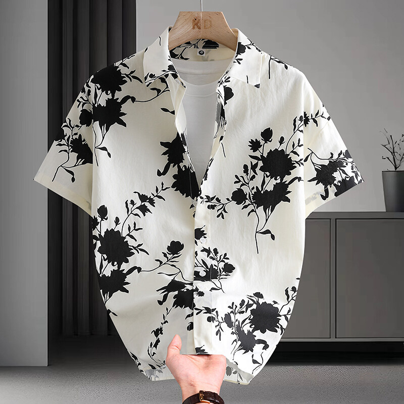 Aliexpress Foreign Trade Popular Shirt Men's Dropshipping Light Luxury High-Count Cotton Hong Kong Style Printed Short-Sleeved Shirt Men's Summer Large Size