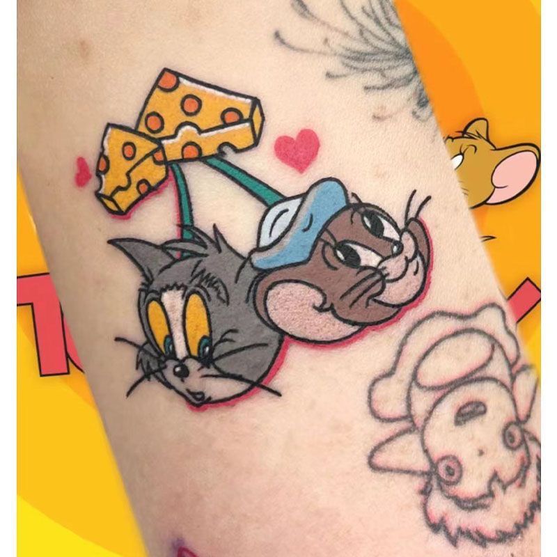 Cat and Mouse Color Tattoo Stickers Lasting Waterproof Ins Cartoon Cute Flower Arm Washable Sticker