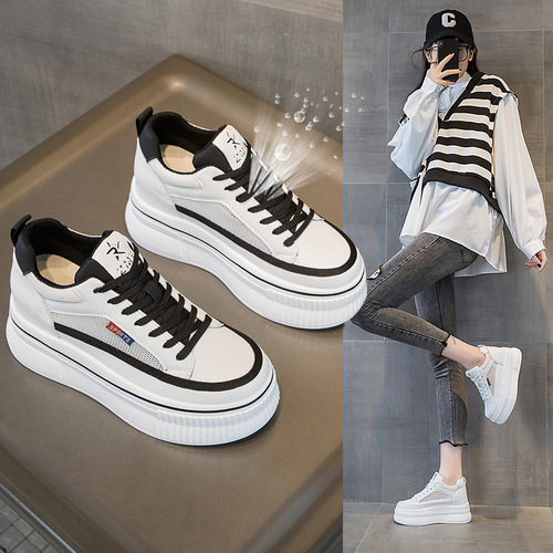 2024 spring and summer new style inner heightening thick sole casual breathable lace-up women's mesh shoes wedge heel genuine leather white shoes for women