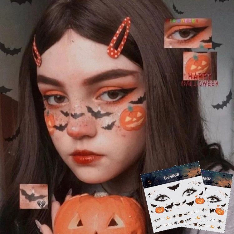 ハロウィーンのキラキラカボチャのタトゥーは小さな悪魔の目尻のメイク顔のシールの小さな魔女の顔のタトゥーを貼っています|undefined