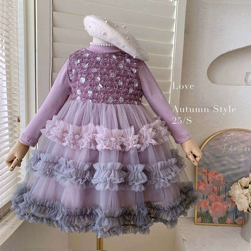 Весенний маленький принцесса костюм, детский наряд с sequins без рукавов, платье, комплект, тенденция сезона, осень