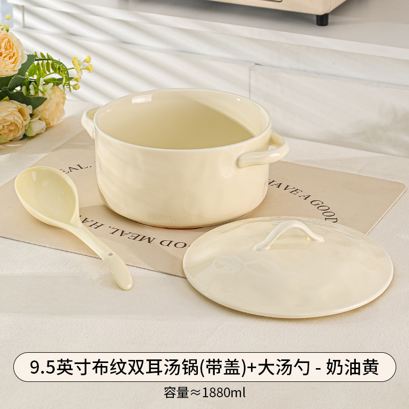 Olla grande de cerámica estilo japonés de lujo ligero, estilo crema, para sopa, fideos instantáneos, tazón grande para sopa, vajilla de cerámica
