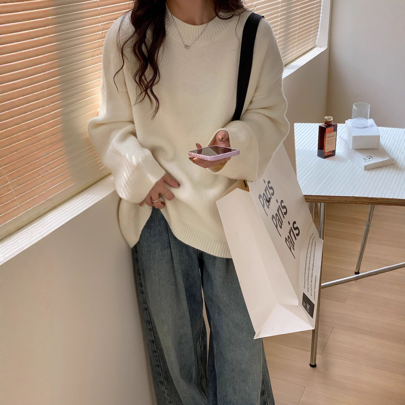 外贸简约气质宽松大版毛衣女秋冬新款慵懒风百搭软糯针织衫厚外套|undefined