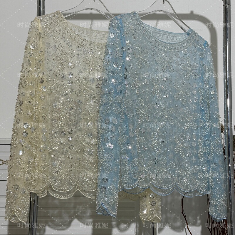 Fashionable Yani Heavy-Duty Sequined Lace Shirt for Women, Round Neck, Long Sleeve, Versatile, Loose Fit, Pearl Mesh Beaded Top Fashionable Yani Heavy-Duty Sequined Lace Shirt for Women, Round Neck, Long Sleeve, Versatile, Loose Fit, Pearl Mesh Beaded Top