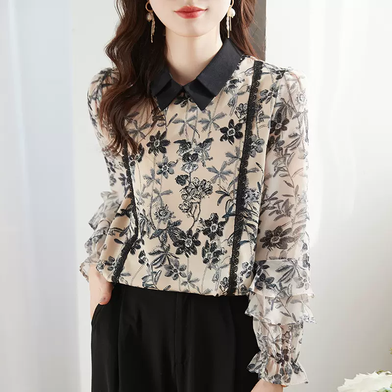 实拍荷叶边衬衫设计感小众欧货花色洋气衫大码减龄宽松衬衣女