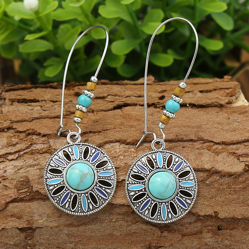 Wholesale Jewelry Casual Bohemian Round Rhombus Alloy Turquoise Hollow Out Inlay Drop Earrings display picture 4