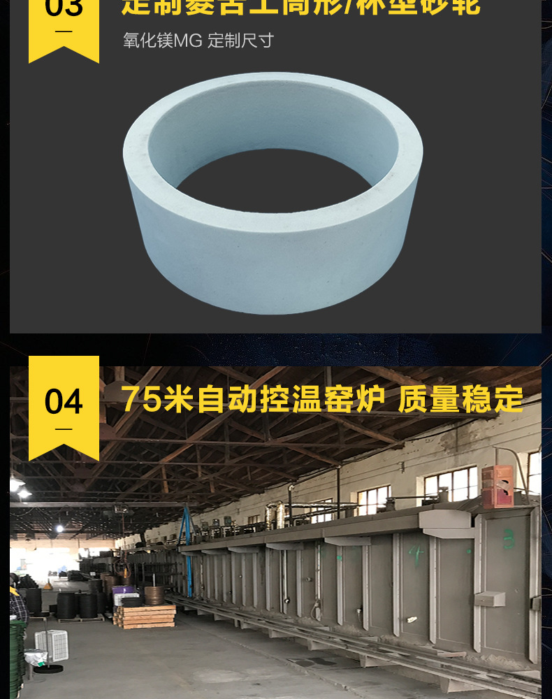A 棕刚玉Brown aluminum oxide WA 白刚玉White aluminum oxidePA 铬刚玉 Pink aluminum oxide SA 单晶刚玉 Monocrystalline fused aluminaMA 微晶刚玉 microcrystalline fused alumina A/WA 棕白混合磨料Mixture of A and WAGC绿碳化硅 Green silicon carbide C 黑碳化硅 Black silicon carbide ZA 锆刚玉 Fused zirconia alumina直径60mm80mm100mm125mm150mm175mm180mm200mm250mm300mm350mm400mm500mm600mm750mm900mm1寸2寸3寸4寸5寸6寸7寸8寸9寸10寸12寸14寸16寸18寸20寸24寸26寸28寸 硬度JKLMNPQRST 厚度：3.2mm6.4mm10mm13mm16mm20mm25mm32mm40mm50mm65mm75mm100mm125mm150mm200mm 孔径：12.7mm16mm20mm25mm32mm31.75mm50mm75mm127mm150.4mm203mm305mm粒度：16# 24# 46# 60# 80# 100# 120# 150# 180# 220# 320# 400# 600# 800# 1000# 砂轮 磨砂轮 磨刀器砂轮 磨刀砂轮 合金砂轮 磨床砂轮抛光小打磨氧化铝平面磨床台式立式悬挂式砂轮机钨钢砂轮片定制磨边机磨刀轮研磨大大气孔磨盘青铜 沙轮 磨料磨具 vitrified grinding wheel 菱苦土砂轮 氧化镁MG 355X275X130MM 300X220X130MM 200X110X32MM 450X380X170MM 250X125X32MM杯型 磨刀机砂轮 Magnesia Grinding Wheel 树脂筒形砂轮Resin Bounded Cylinderical Grinding Wheels筒形砂轮（形状代号2）Cylinder Wheels (Shape Code 2)450X150X380MM 300X100X250MM 水磨磨刀机砂轮