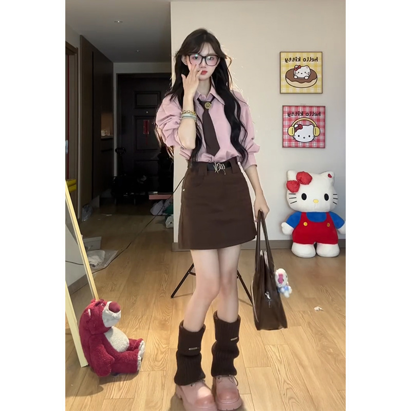 秋季新款粉色长袖衬衫上衣女高腰显瘦包臀半身裙两件套|undefined