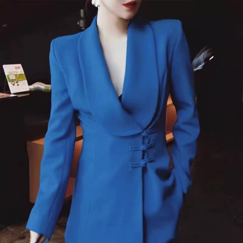 Spring and Autumn Royal Blue Buckle Chinese-style Wide-leg Pants Suit Women's High-end Sense Professional Dress Elegant Two-piece suit Spring and Autumn Royal Blue Buckle Chinese-style Wide-leg Pants Suit Women's High-end Sense Professional Dress Elegant Two-piece suit