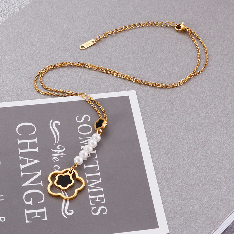 Fashion Flower Titanium Steel Inlay Artificial Pearls Earrings Necklace 1 Set