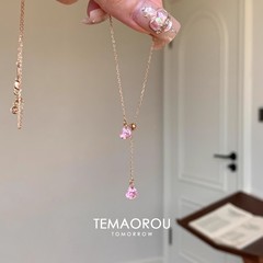 超嗲！日系精致玫瑰金细链双粉闪钻爱心吊坠抽拉项链毛衣链