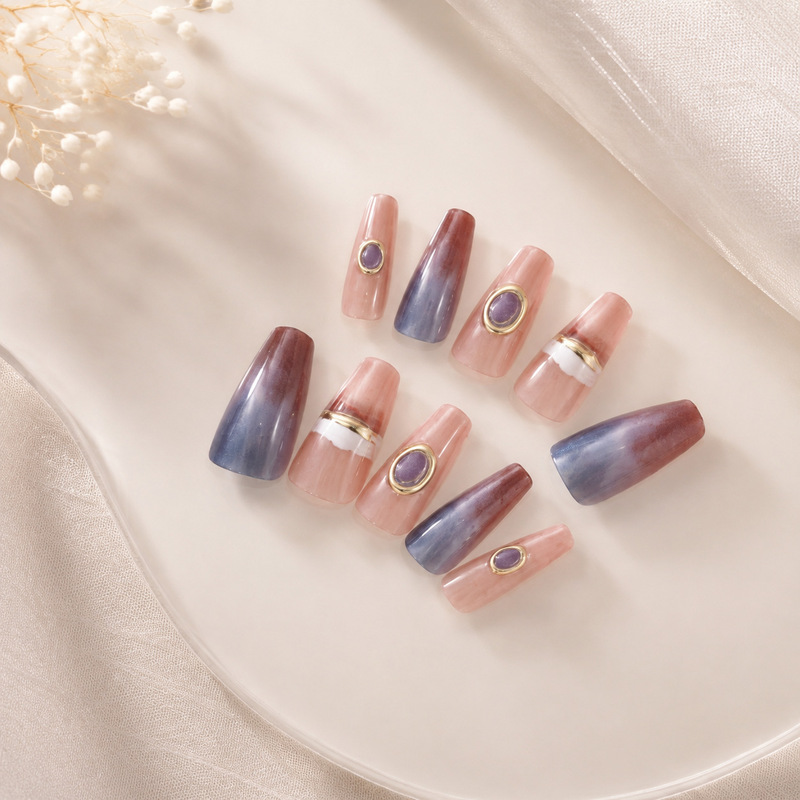24-piece cross-border wearable pre-made nail tips, size-divided French gold starry sky gradient manicure nail tips, almond-shaped nail tips wholesale 24-piece cross-border wearable pre-made nail tips, size-divided French gold starry sky gradient manicure nail tips, almond-shaped nail tips wholesale