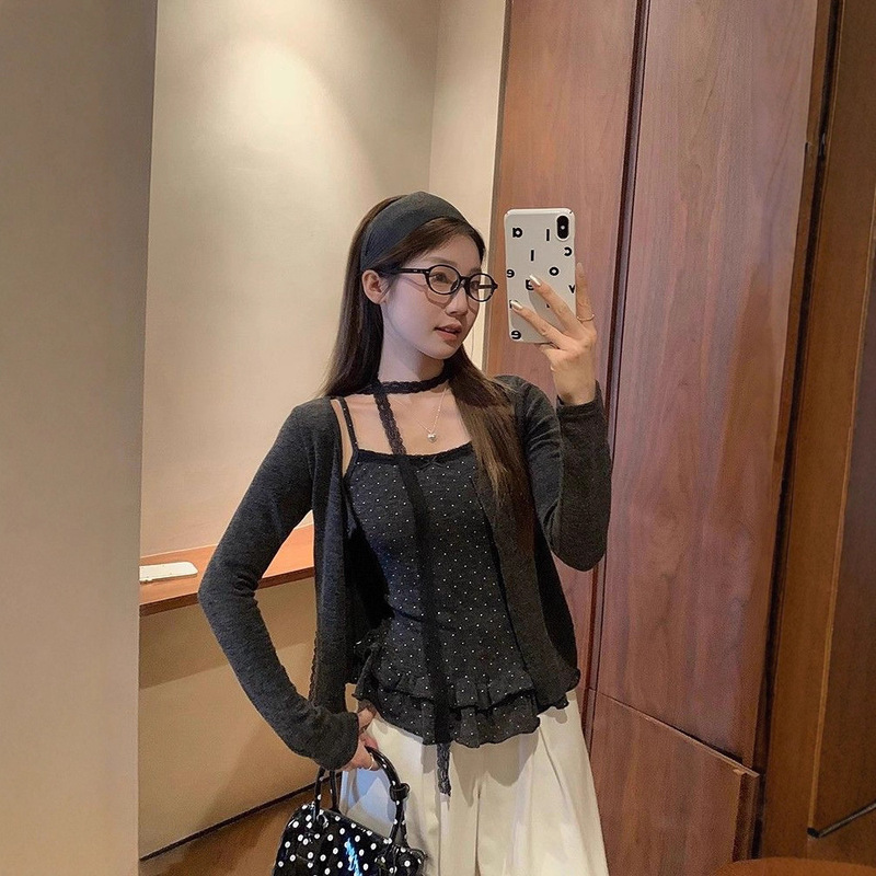 杏色开衫蕾丝波点荷叶边长袖背心吊带女2025早秋新款内搭两件套装|undefined
