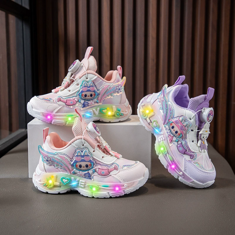 Новые детские кроссовки на весну-осень 2025 года с поворотной пряжкой, повседневные кроссовки для девочек, кроссовки для детей постарше, светящиеся кроссовки, дизайн с мультяшными персонажами