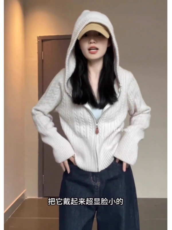 温柔风麻花连帽针织开衫女秋冬韩系慵懒拉链毛衣外套收腰短款上衣|undefined