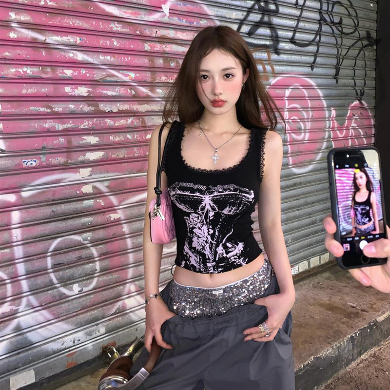 Dopamine Sweet Hottie Lace Printed Camisole Women's Summer New Style with Breast Pad Design Outer Top