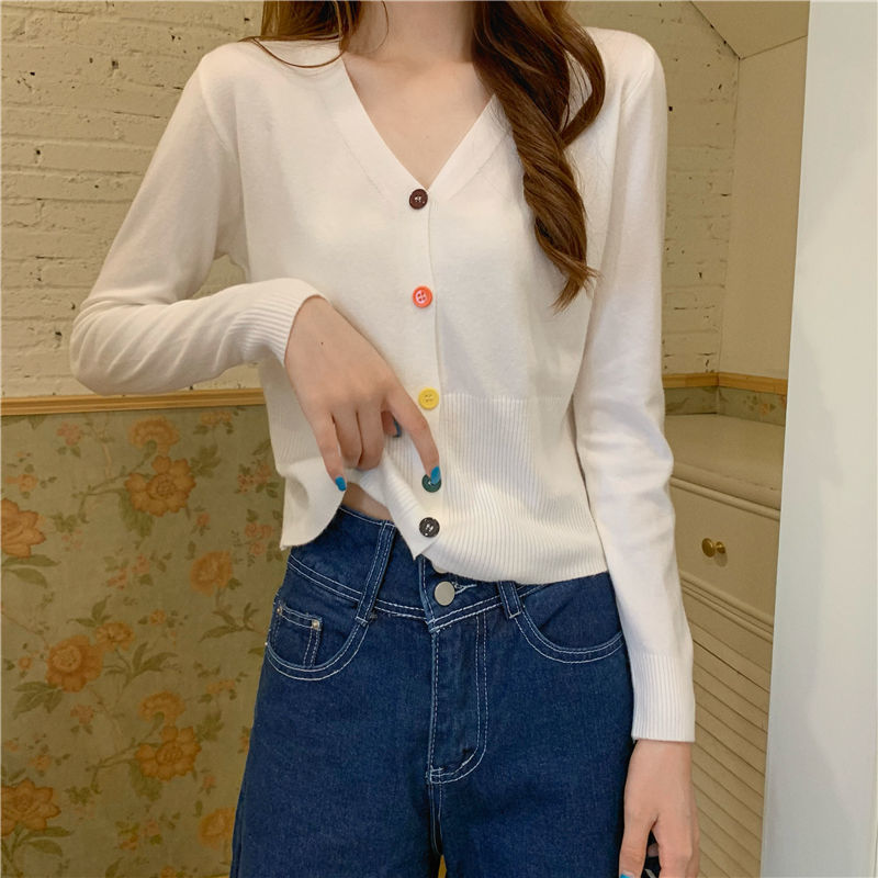 2024 New Colorful Buttoned Knitted Cardigan for Women Early Spring Thin Outer V Neck Long-Sleeved Jacket