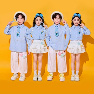 儿童演出服小学生运动会啦啦操蓝色长袖衬衫班服合唱服学院风表演