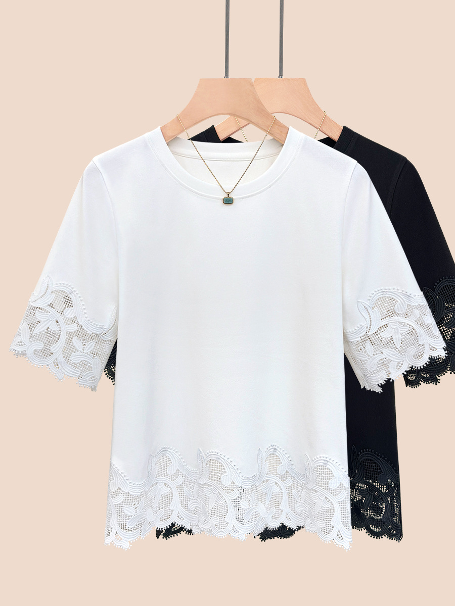 Design lace summer solid color T-shirt with a round collar