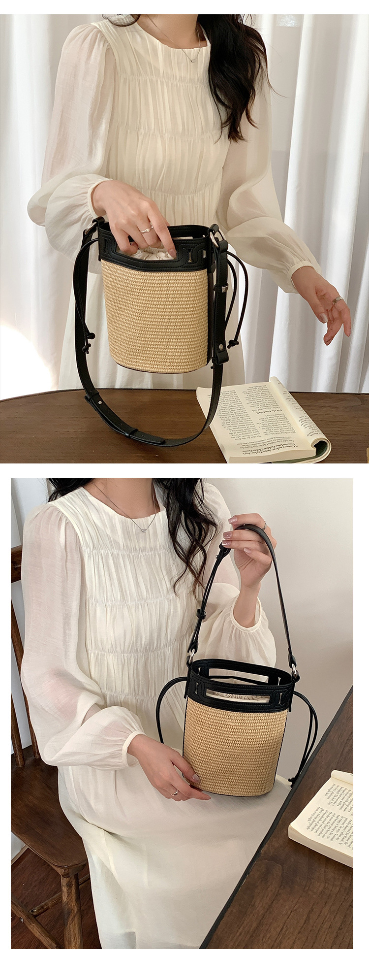 Crowdsourced Design Grass for Women 2024 New Color Contrast Woven Bucket Crossbody Women's Commuting Shoulder Bag_voghion.com