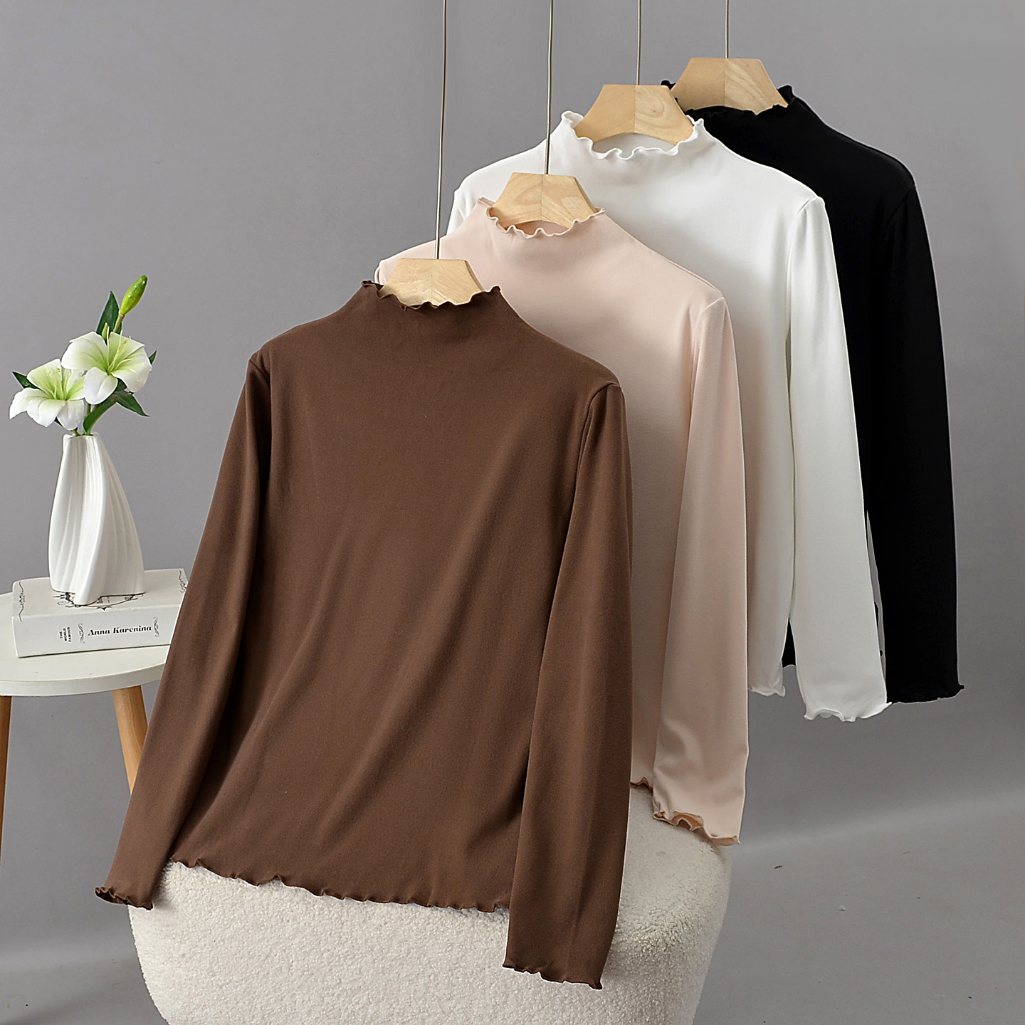 Half-High Collar Base Shirt for Women Plus Size 2025 Autumn and Winter New Fashion Slimming Ruffled Lace Thermal Inner Wear