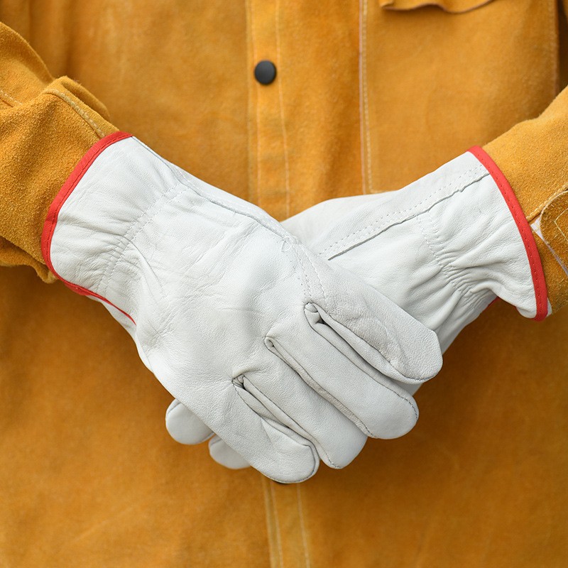 Guantes de soldadura, guantes de conductor de primera capa de piel de oveja, guantes de protección laboral para soldador de arco de argón, suaves, cómodos, resistentes al desgaste, aislantes del calor y antiescaldantes.