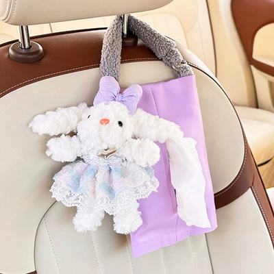 New Cute Doll Car Tissue Box Creative Car Seat Back Hanging Tissue Box Decorative Car Tissue Hanging Bag (Car tissue box/set) - leather-purple-hanging-tissue-box-long-eared-rabbit