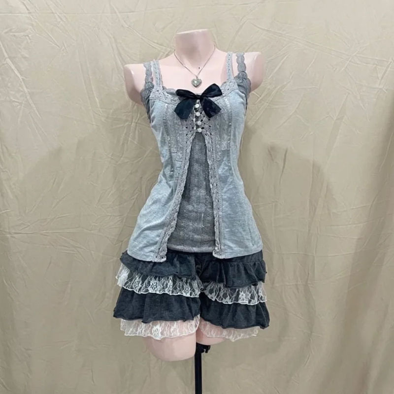 古代の娘の夏服新しい和風ソフトガールカレッジ甘いスタイルのリボンレーススプライシングスカート 3 点セット|undefined