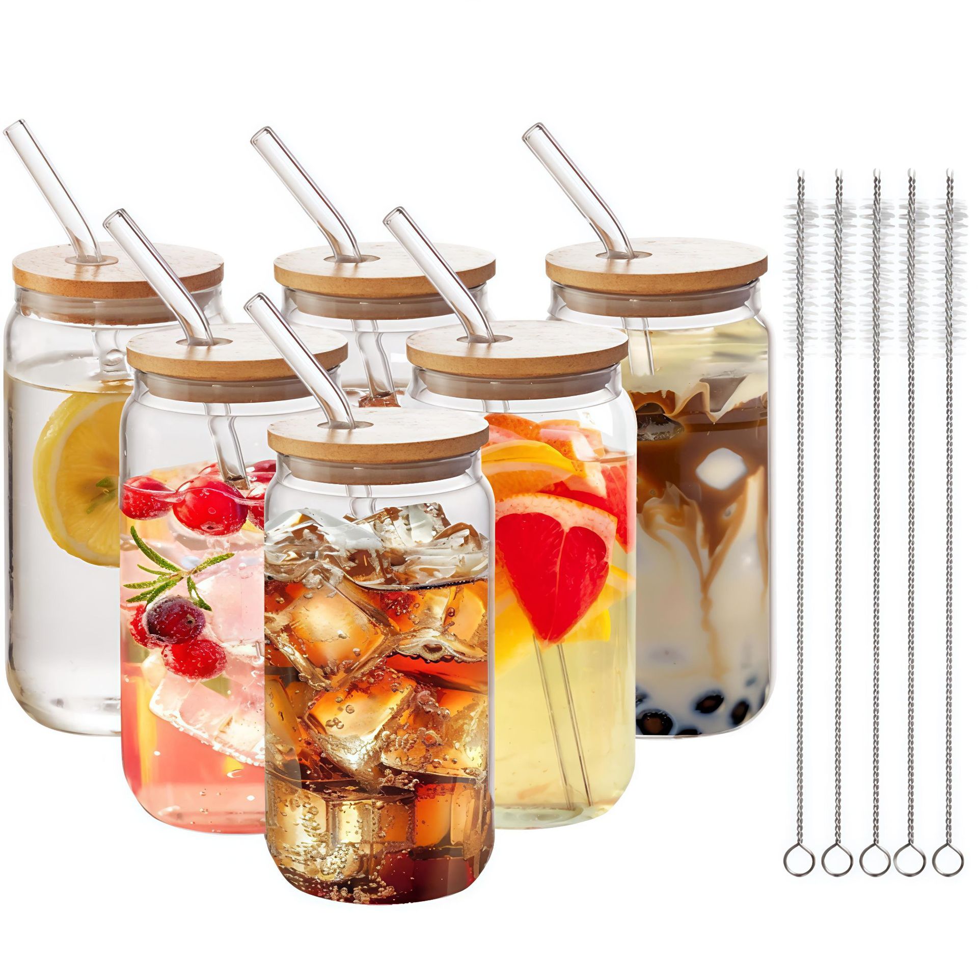 Amazon's Cross-Border Bestseller 16oz Cola Cup High Borosilicate Glass Cup Large Capacity Transparent Water Cup with Bamboo Lid and Straw