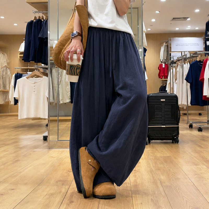 Navy Blue Linen Curved Hem Pants for Women 2026 New Style Plus Size Slimming Loose Fit Boyfriend Style Ice Silk Wide-Leg Pants Navy Blue Linen Curved Hem Pants for Women 2026 New Style Plus Size Slimming Loose Fit Boyfriend Style Ice Silk Wide-Leg Pants
