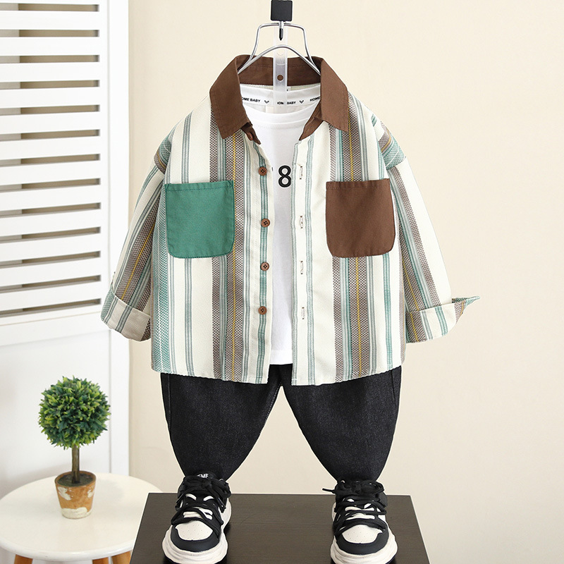 5827 chaqueta de camisa para niños primavera y otoño 2025 nuevo bebé otoño versión coreana camisa de manga larga para niños blusa a rayas