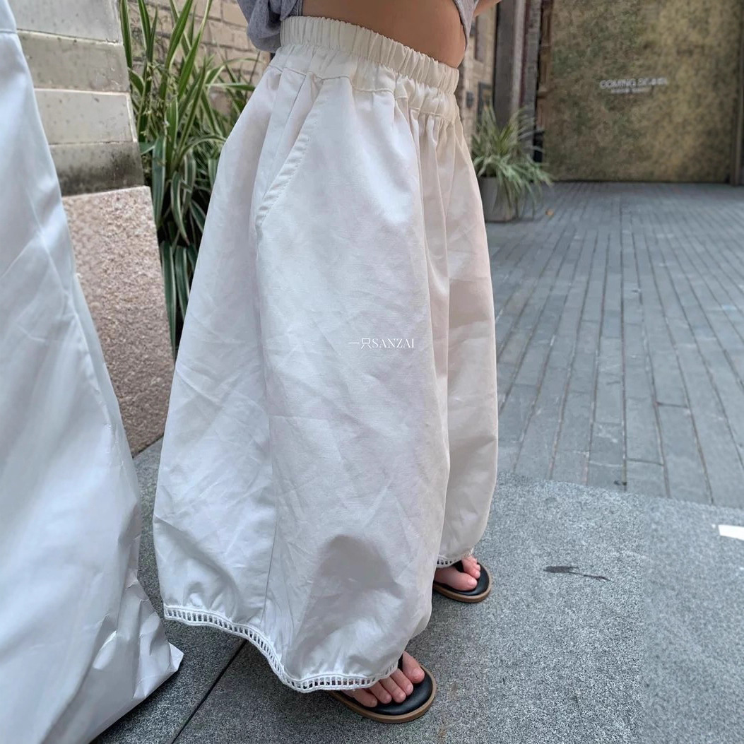 Girls' Summer New Hollow Lace Splicing Wide-Leg Pants Baby Stylish Casual Pants Children's Pants White Korean Version