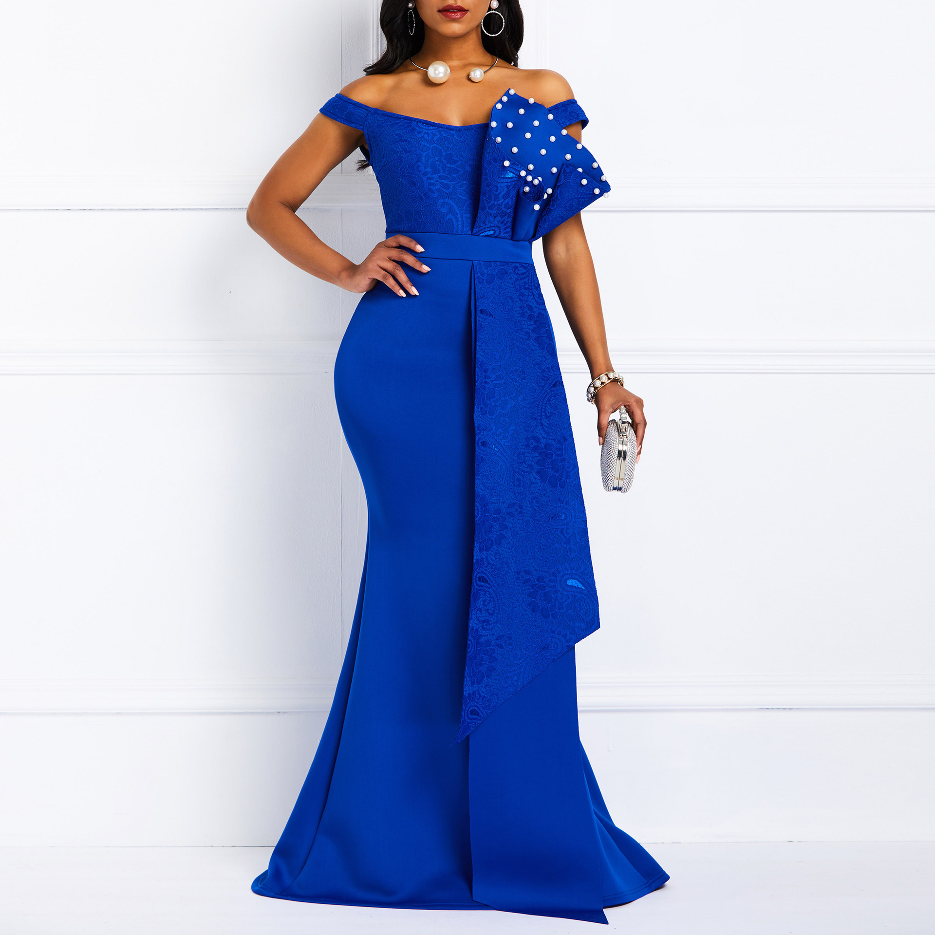 Elegante vestito da sera donna per ballo con perline e pizzo_voghion.com