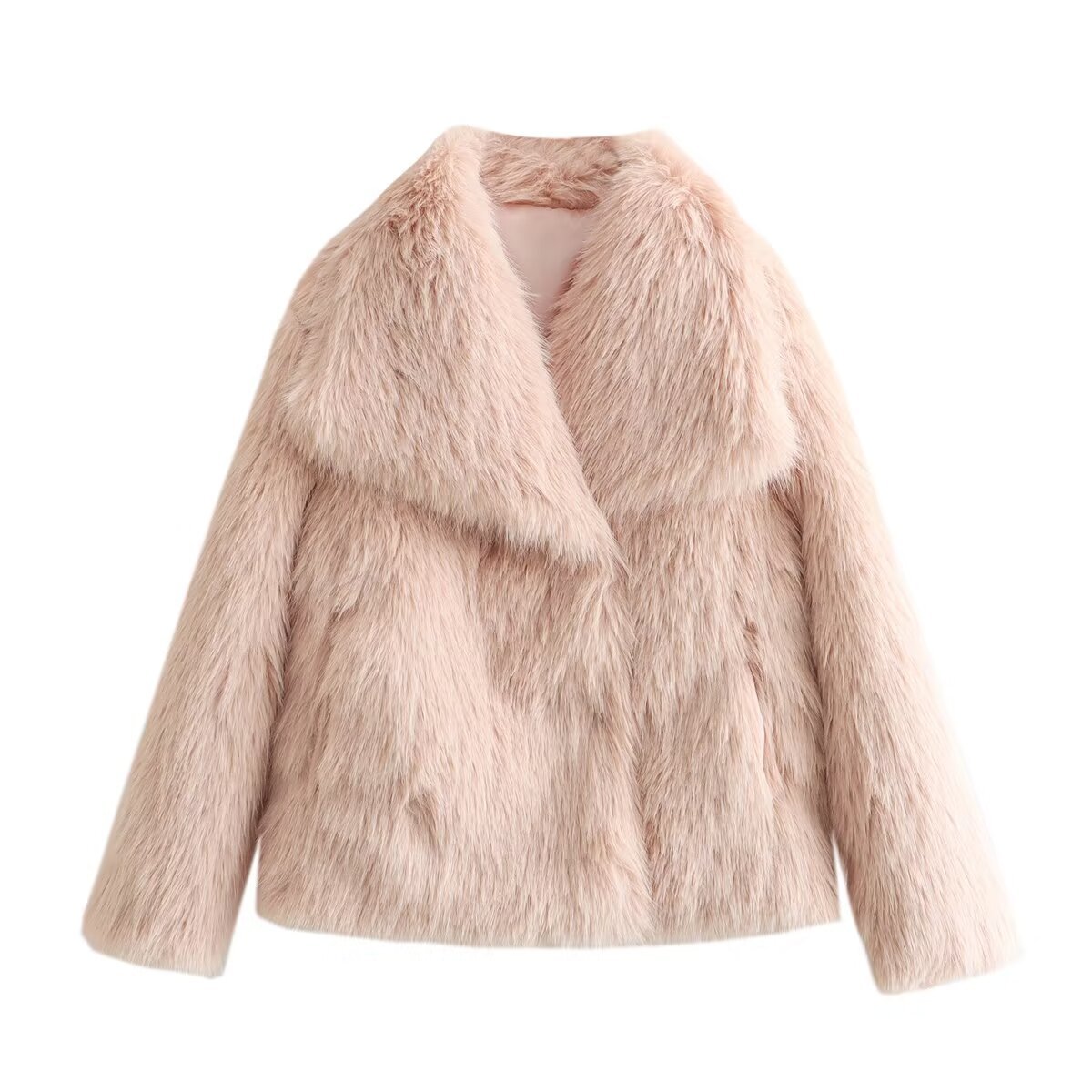 Dameskleding lente en herfst nieuwe stijl grote maten modieuze losse bont grote revers korte jas vrouwen_voghion.com