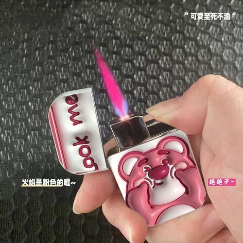 3D strawberry bear cute pink flame gas transparent lighter Instagram girls high-quality creative windproof string