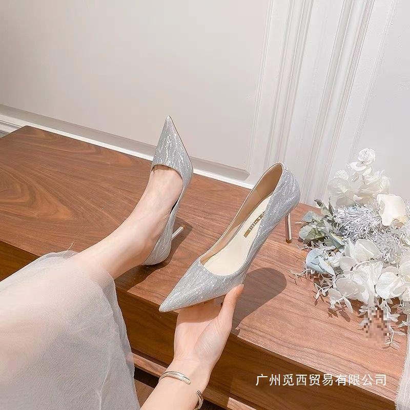 French-Style High Heels for Women, Stiletto 2025 New Model with Sparkling Diamonds, Versatile Ceremonial Shoes, Wedding Shoes, Pointed Elegant Shallow Pumps