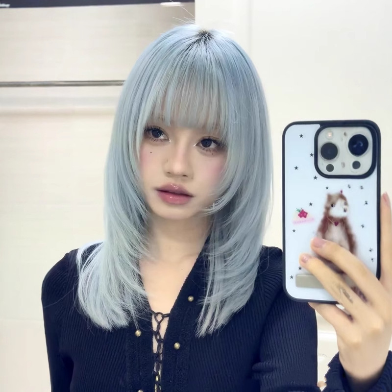 Wig Female Ice Blue New Clavicle Hair Y2K Internet Celebrity Subculture齐 Bangs High-Level Short Straight Hair Full Headgear